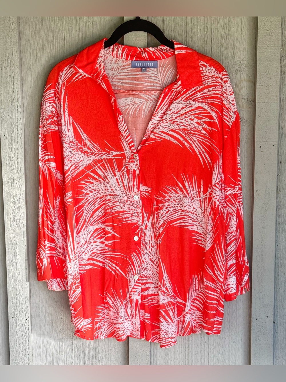 Paradised Red Palm-Print Button Front Women's Top - XL